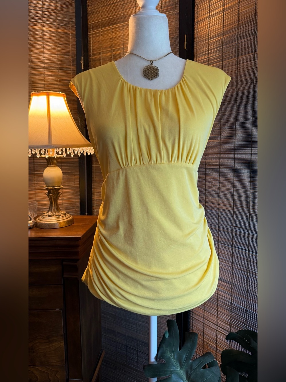Alfani XL 70% Silk Yellow Ruched Gathered Cap Sleeve Blouse Top